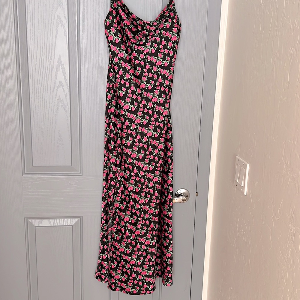Cowl neck WAYF hot pink floral & black midi dress with from slit